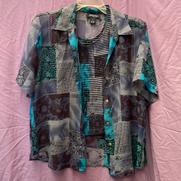 EUC Jordan Blue Label Floral Button-Down Blouse & Camisole SET in Blues, Size XL - Picture 2 of 9